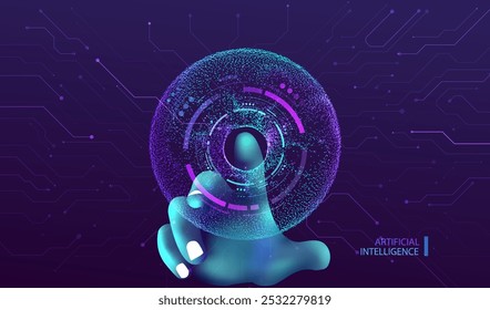 AI human hand touching particles big circle graph. Artificial intelligence technology design. Ai finger robot touch screen on circuit board background. Futuristic innovation vector concept.