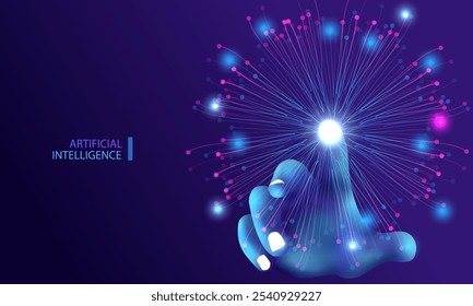 Ai human hand touching particles connect graph. Artificial intelligence neuron connection technology design. Finger robot touch network line background. Futuristic idea vector, big data concept.