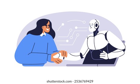 IA e aperto de mão humano. Cooperação e conceito de parceria. Inteligência artificial e pessoa apertando as mãos por confiança, negócios. Ilustração de vetor plano isolada no plano de fundo branco