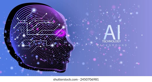 Ai human head technology background in particles neon style. Artificial Intelligence face vector design. Futuristic virtual innovation android.