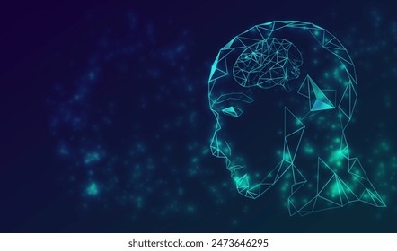 AI human head technology background with brain in low poly and neon lines style. Artificial Intelligence bot face vector design. Futuristic virtual innovation robot.	