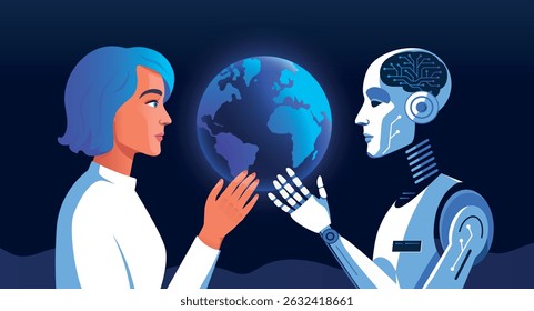 AI and human hold Earth globe vector illustration