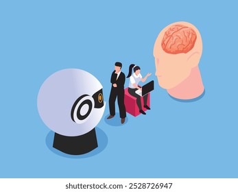AI and Human Intelligence: Collaboration and Technology in the Modern Workplace 3d isometric vector illustration