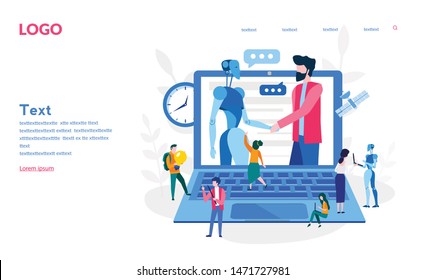 AI, Human interactive tech interaction. Robot human working at office, teamwork, business partners robot and man handshake. Vector illustration for web banner, print, infographics, mobile website.