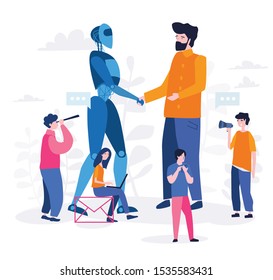AI, Human interactive tech interaction. Robot human working at office, teamwork, business partners robot and man handshake. Vector illustration for web banner, print, infographics, mobile website.
