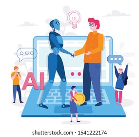 AI, Human Interactive Tech Interaction. People And Robot Working At Office. Vector Illustration For Web, Print, Presentation.