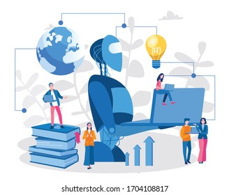 AI, Human interactive tech interaction. Robot human working at office, teamwork, business partners . Vector illustration for web banner, print, infographics, mobile website.