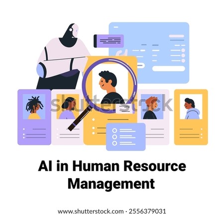AI human resource management concept with robot analyzing candidate profiles magnifying glass diverse avatars digital interface colorful design website template