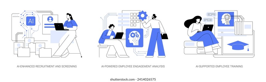 AI in Human Resources abstract concept vector illustration set. AI-Enhanced Recruitment and Screening, AI-Powered Employee Engagement Analysis, AI-Supported Employee Training abstract metaphor.