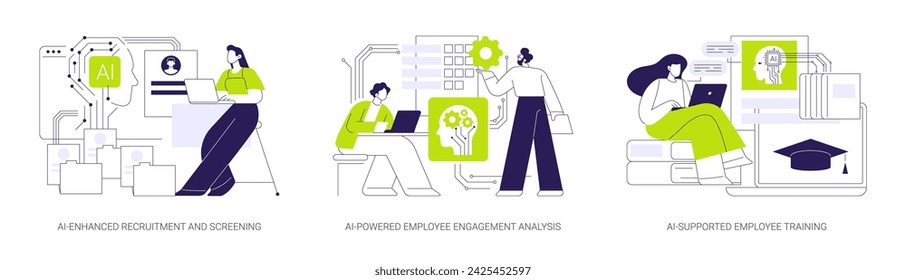 AI in Human Resources abstract concept vector illustration set. AI-Enhanced Recruitment and Screening, AI-Powered Employee Engagement Analysis, AI-Supported Employee Training abstract metaphor.