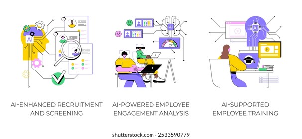 Conjunto de Ilustraciones vectoriales de concepto abstracto de IA en Recursos Humanos. Reclutamiento y selección mejorados por IA, análisis de participación de empleados impulsados por IA, metáfora abstracta de capacitación de empleados apoyada por IA.