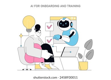 AI human resources concept. An illustration of AI assisting in employee onboarding and training with a robot guiding a person. Vector illustration.