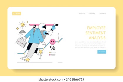 AI Human Resources concept. An illustration showing AI in corporate sentiment analysis, monitoring employee satisfaction. Vector illustration in a website layout.