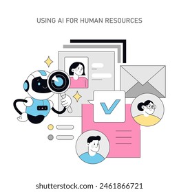 AI in human resources concept. Robot analyzing candidate profiles for recruitment process efficiency. Digital transformation in hiring, vector illustration.