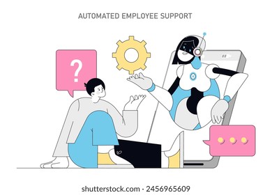 AI human resources concept. A robotic assistant provides support to an employee, facilitating automated work processes. Technology meets HR needs. Vector illustration.