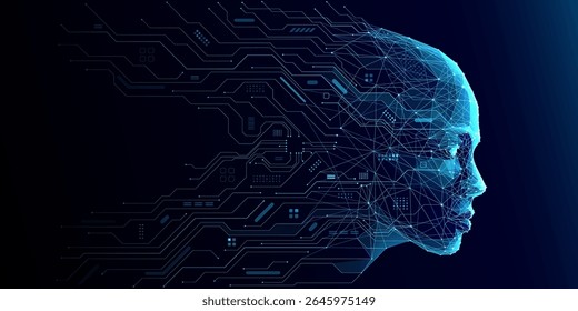 AI Humanoid Face Concept. Technology Digital Robot Head Side View with Circuit Board Components. Tech Blue Background. Artificial Intelligence Agent or Assistant Concept. Vector Digital Illustration.