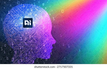 Concepto de cara humanoide AI. Vista lateral de la cabeza del robot digital de Tecnología con componentes de Tablero de circuito. Fondo azul de la tecnología. Agente de Inteligencia Artificial o Asistente Concepto. Ilustración digital de Vector.
