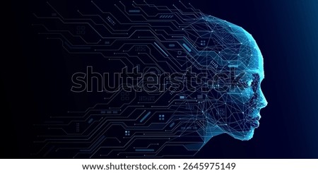 AI Humanoid Face Concept. Technology Digital Robot Head Side View with Circuit Board Components. Tech Blue Background. Artificial Intelligence Agent or Assistant Concept. Vector Digital Illustration.