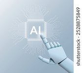 AI humanoid finger presses on a light white AI chip or processor, Future cybernetic artificial intelligence technology concept, vector illustration