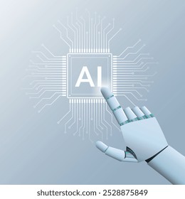 AI humanoid finger presses on a light white AI chip or processor, Future cybernetic artificial intelligence technology concept, vector illustration