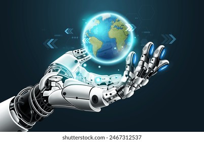 AI humanoid hand holding earth hologram with technology element, Future cybernetic artificial intelligence technology concept, vector illustration