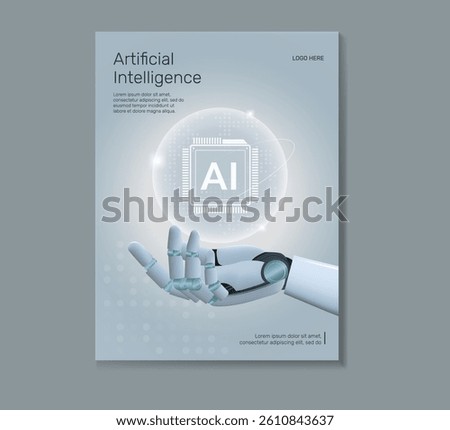 AI humanoid hand holding AI icon hologram Poster brochure cover banner presentation layout template, Technology digital futuristic, Cyber future tech illustration.