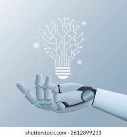 AI humanoid hand holding light bulb circuit, Creative artificial intelligence technology Idea concept