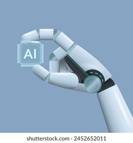 AI humanoid hand holding AI Logo on microchip, Concept of artificial intelligence, Future cybernetic technology concept, vector illustration