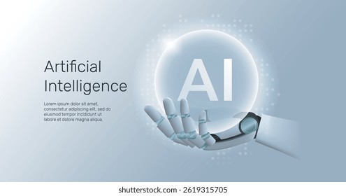 AI humanoid hand holding shiny transparent sphere hologram, machine learning, neural network, Artificial Intelligence (AI) technology innovation background.