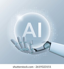 AI humanoid hand holding shiny transparent sphere hologram, Future cybernetic artificial intelligence technology concept, vector illustration