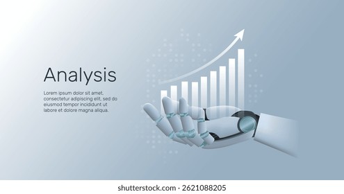 AI humanoid hand holding  transparent graph chart with up arrow, machine learning, Artificial Intelligence technology innovation background, Finance and stock market concept.