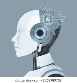 AI humanoid head side view, AI microchip brain, Concept of artificial intelligence, Future cybernetic technology concept, vector illustration