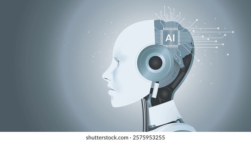 AI humanoid head side view, AI microchip brain and Concept of artificial intelligence(AI). Graphic of a digital brain made from circuit board, on grey background.
