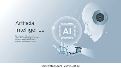 AI humanoid head side view holding processor hologram, machine learning, neural network, Artificial Intelligence (AI) technology innovation background.