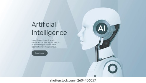 AI humanoid head side view, machine learning, neural network, Artificial Intelligence (AI) technology innovation background.