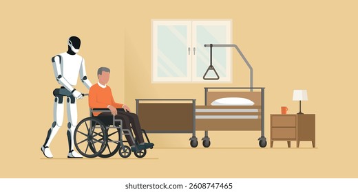 AI humanoid robot helping a senior person in a wheelchair at the nursing home, robots and healthcare concept