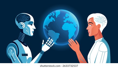 AI and humanoid robot holding the Earth globe. Technological futuristic illustration	