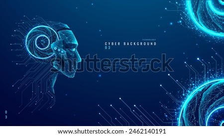  AI humanoid robot in light neon blue on a technology background. Chatbot or AI concept. Artificial intelligence cyborg face with circuit, quantum processor or chip inside a head. Vector illustration