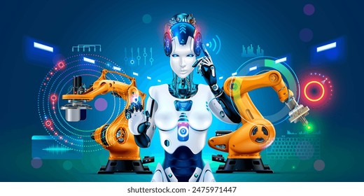 AI humanoid robot on factory. Robot woman with AI control production line on industry factory with robotics arms. Industry 4.0 concept banner. Artificial intelligence on modern industrial factory.