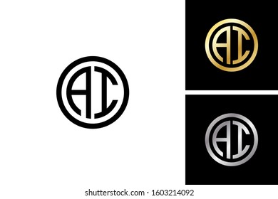 AI, A and I, initial letters circle elegant logo golden silver black background - vector