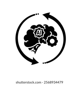 ai icon. brain and artificial intelligence with circle arrow. Brain design and chip in the middle. Education, technology. Solid design style