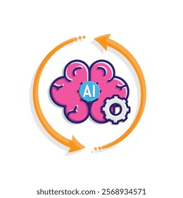 ai icon. brain and artificial intelligence with circle arrow. Brain design and chip in the middle. Education, technology. colored flat design style
