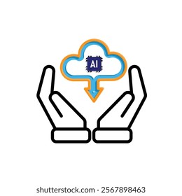 ai icon. Cloud Computing in hand, Outline icons include network, Download and Upload. for computers, technology. mixed design style. vector design template