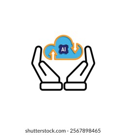 ai icon. Cloud Computing in hand, Outline icons include network, Download and Upload. for computers, technology. mixed design style. vector design template
