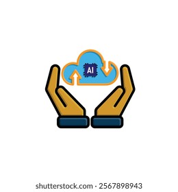 ai icon. Cloud Computing in hand, Outline icons include network, Download and Upload. for computers, technology. colored flat design style. vector design template