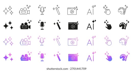 AI Icon Collection for Artificial Intelligence Creativity, Media, Code, Writing and Smart Automation. Set of AI Sparkles, Play Button, Wand, Music, Camera and Document. Isolated Vector Illustration.