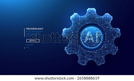 AI icon into abstract digital gear on technology blue background. Business solution and tech innovation concept. Circle AI chip or semiconductor and wheelwork in low poly wireframe vector illustration