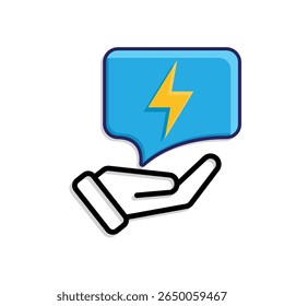 Icono de IA. Asistente personal de IA en la mano. Respuesta inteligente. Globo de chat con relámpagos. UI, educación, aplicación, marca. Estilo de diseño mixto