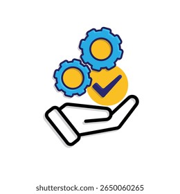 ai-Symbol. AI Personal Assistant in der Hand. Aufgabenautomatisierung. Zwei Zahnräder mit automatischer Checkliste. UI, Bildung, Branding. Gemischter Designstil