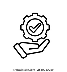 Icono de IA. Asistente personal de IA en la mano. Automatización de tareas. Engranaje en movimiento con lista de comprobación automática. UI, educación, aplicación, marca. Estilo de diseño de esquema